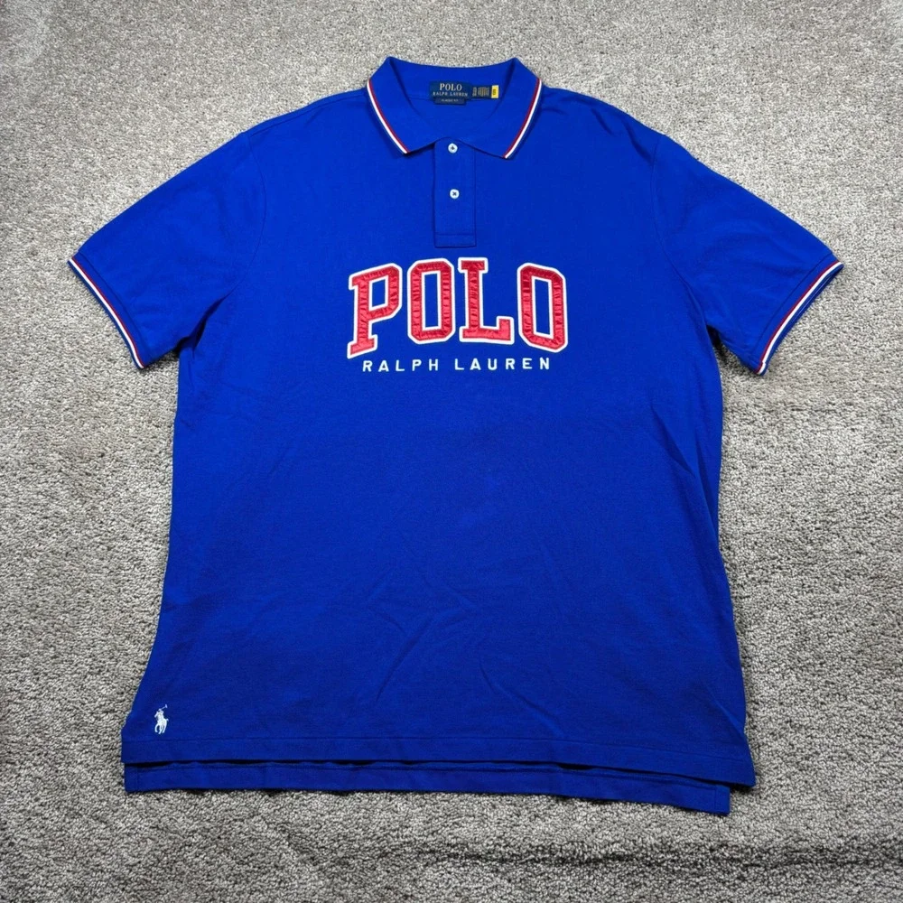 Polo Ralph Lauren Mens XL Classic Fit Royal Blue Graphic Spellout Polo Shirt